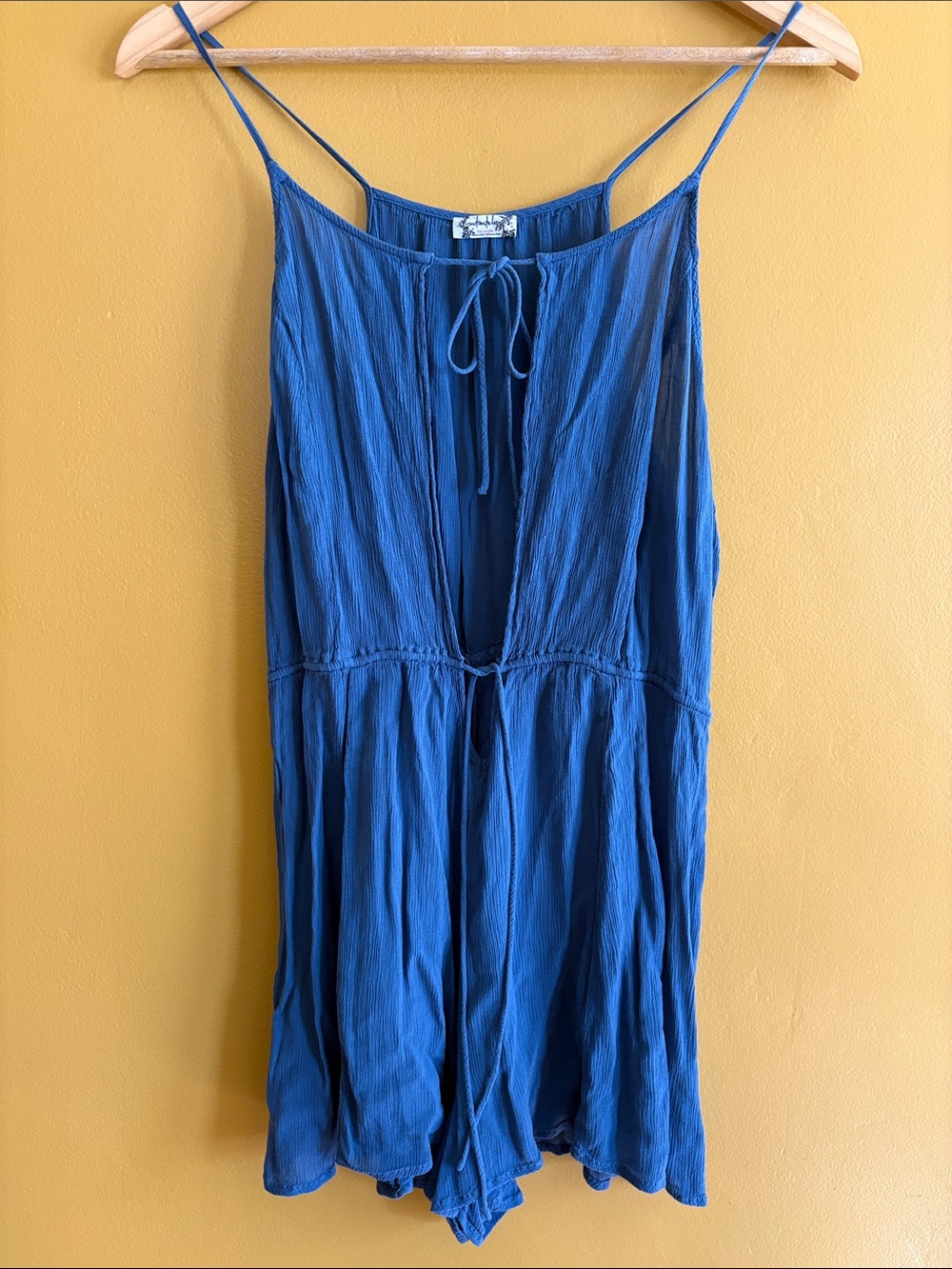 Free People Blue Spaghetti-Strap Romper with Tie Front